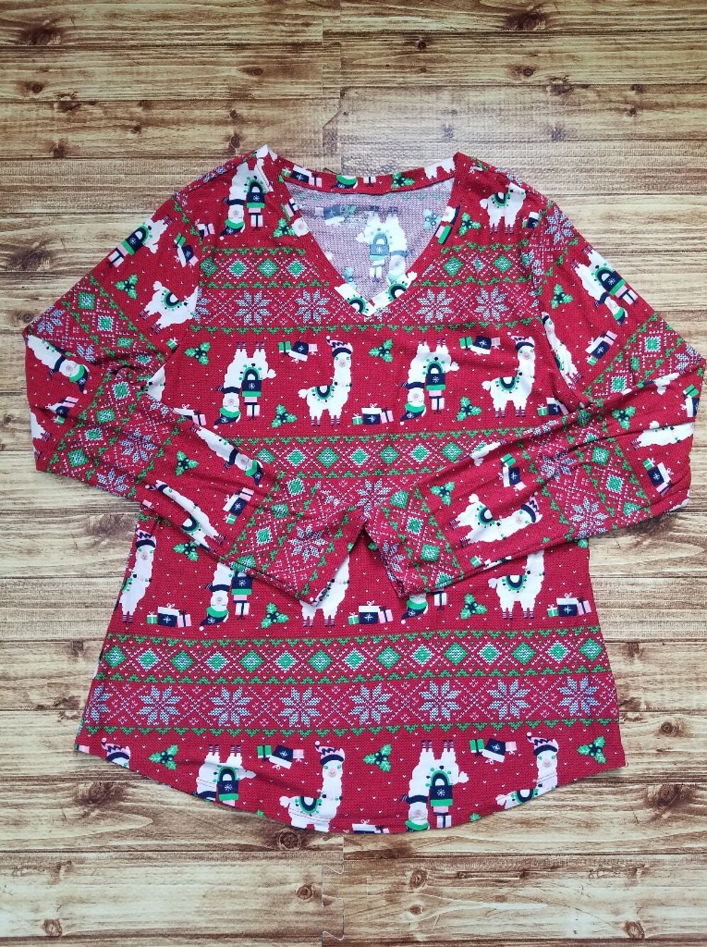 No Boundaries Christmas Llama Long Sleeve V-Neck Shirt Red XXL Juniors 19 Women